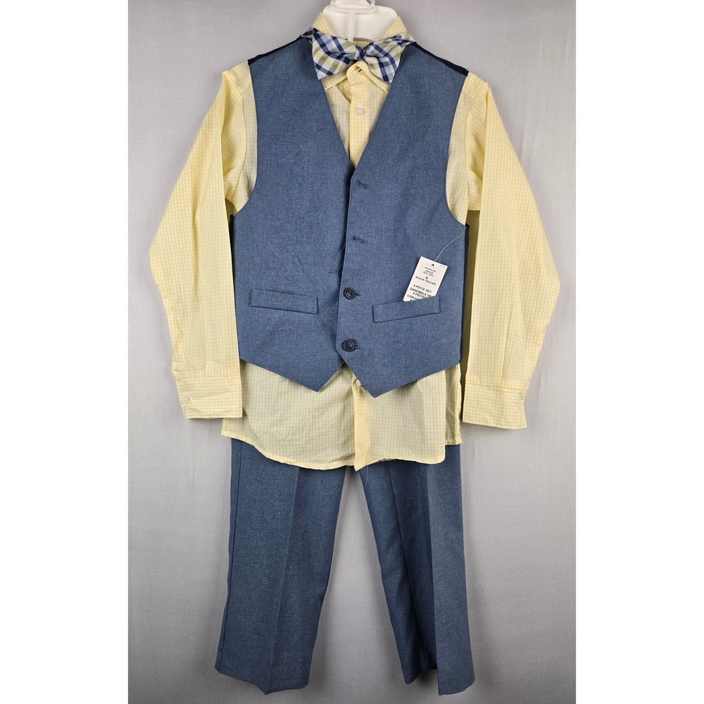 Nautica Boys 4 Piece Vest Set Yellow Check Shirt Blue Pants Bow Tie Size 8